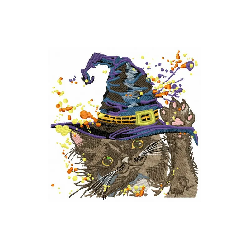 Fluffy witch embroidery design featuring a whimsical cat, perfect for stitching on t-shirts and tote bags.