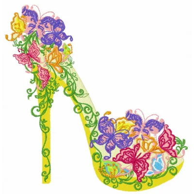 Floral embroidery design featuring a stylish high heel shoe, perfect for fashion accessories and creative projects.