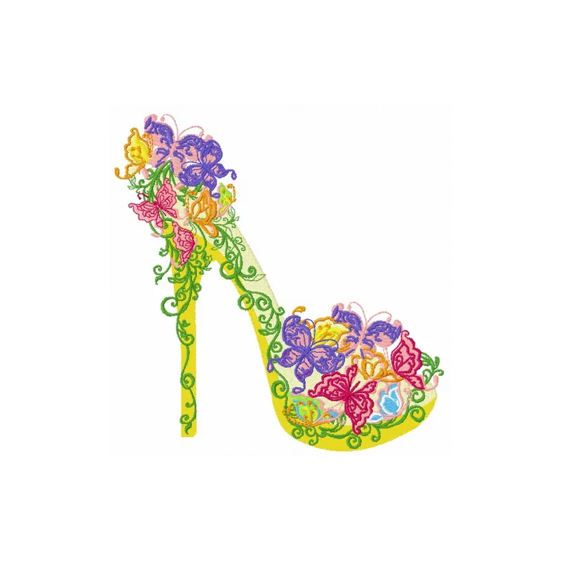 Floral embroidery design featuring a stylish high heel shoe, perfect for fashion accessories and creative projects.