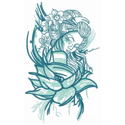 Sunset geisha 2 embroidery design showcasing a serene oriental motif, ideal for adding elegance to various fabrics.