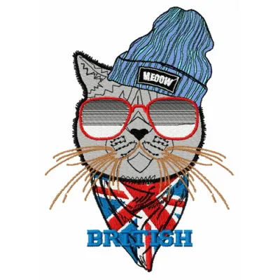 Preview of a British cat embroidery design, showcasing a stitched motif inspired by English feline charm.