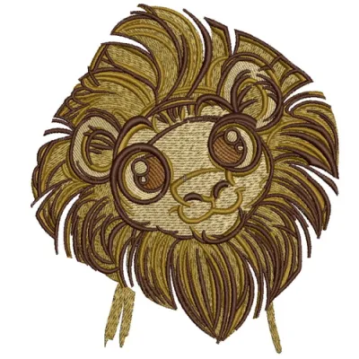 Cute lion embroidery design showcased on a light fabric, perfect for children’s clothing and accessories.