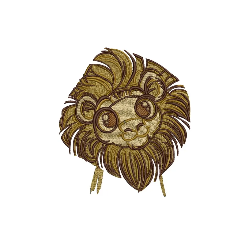 Cute lion embroidery design showcased on a light fabric, perfect for children’s clothing and accessories.