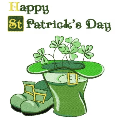Happy St. Patrick's Day embroidery design featuring festive motifs for t-shirts, tote bags, and more.
