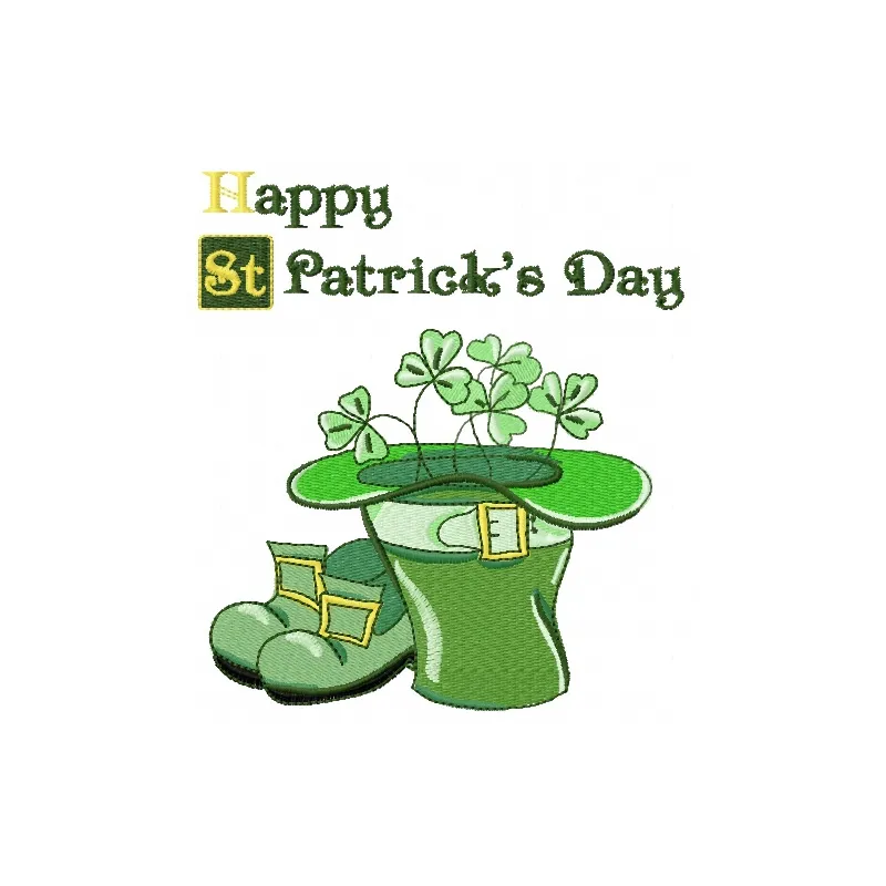 Happy St. Patrick's Day embroidery design featuring festive motifs for t-shirts, tote bags, and more.