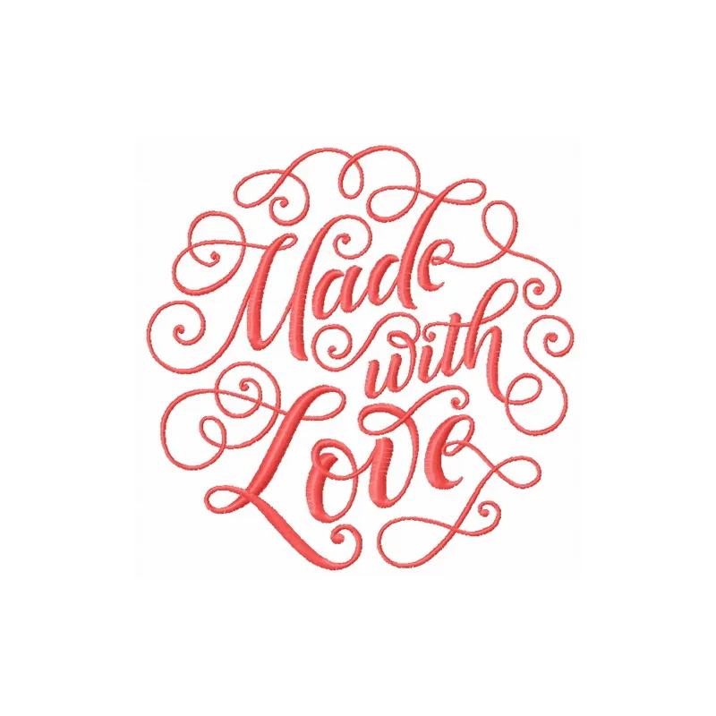 Preview of the 'Made with Love' embroidery design, featuring a heartfelt quote suitable for various fabric items.