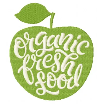 Organic fresh food embroidery design featuring vibrant fruits and vegetables, perfect for kitchen and cooking projects.