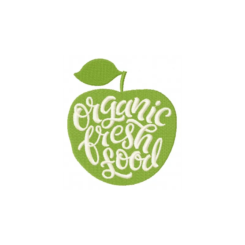 Organic fresh food embroidery design featuring vibrant fruits and vegetables, perfect for kitchen and cooking projects.