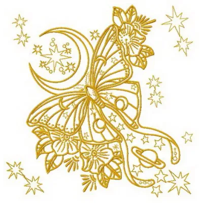 Yellow space butterfly embroidery design showcasing vibrant colors and intricate stitching patterns for creative projects.