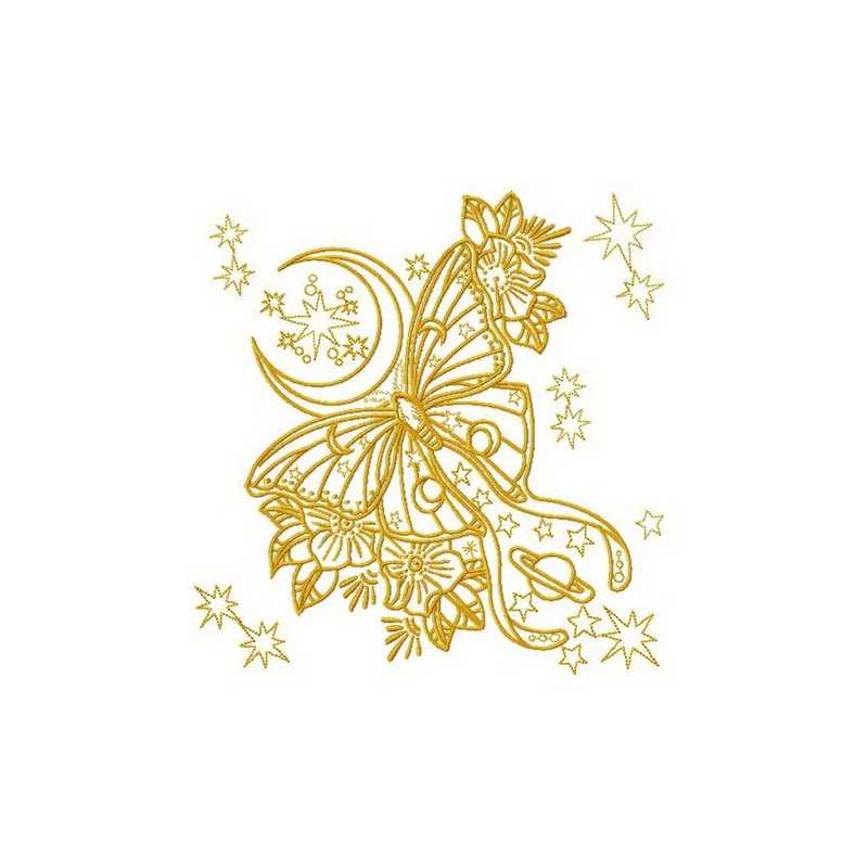 Yellow space butterfly embroidery design showcasing vibrant colors and intricate stitching patterns for creative projects.