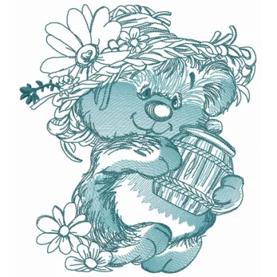 Embroidery design preview of a rustic bear holding a honey pot, ideal for creative stitching projects.