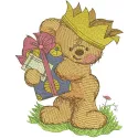 Teddy bear the king embroidery design featuring a regal teddy bear wearing a crown, ideal for children's items.