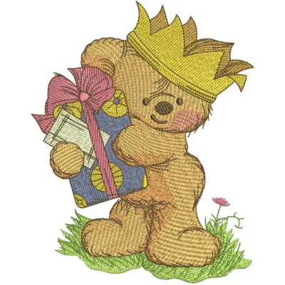 Teddy bear the king embroidery design featuring a regal teddy bear wearing a crown, ideal for children's items.