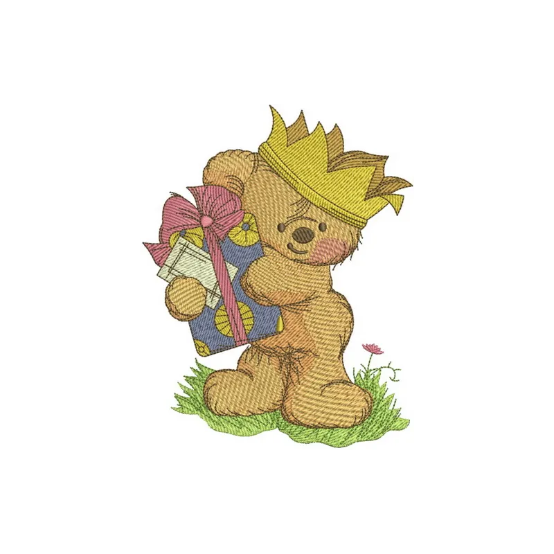 Teddy bear the king embroidery design featuring a regal teddy bear wearing a crown, ideal for children's items.