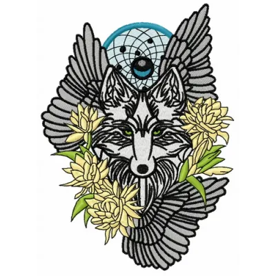 Tribal wolf 3 embroidery design showcasing a majestic wolf motif, perfect for stitching on apparel or home decor.