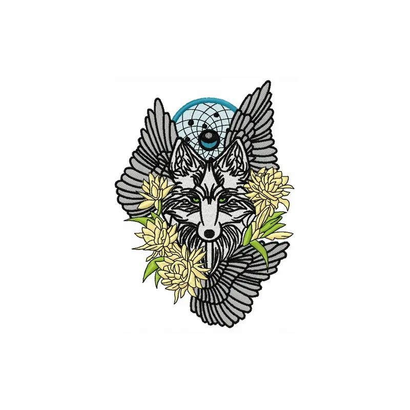 Tribal wolf 3 embroidery design showcasing a majestic wolf motif, perfect for stitching on apparel or home decor.