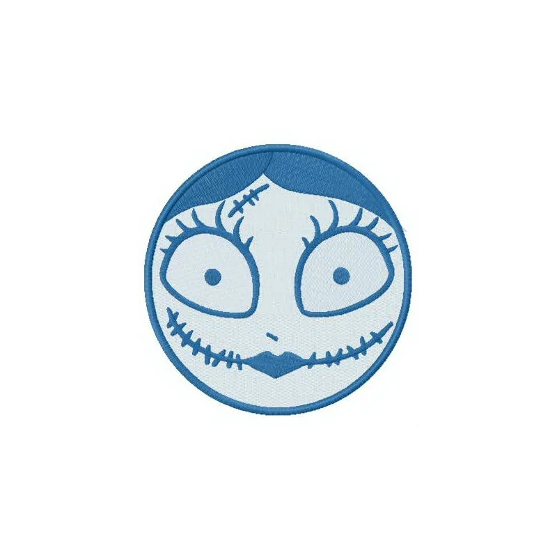 Sally's face embroidery design from The Nightmare Before Christmas, showcasing intricate stitched details.