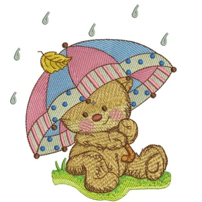 Teddy's rainy day embroidery design featuring a cute teddy bear with an umbrella, ideal for stitching on baby onesies.
