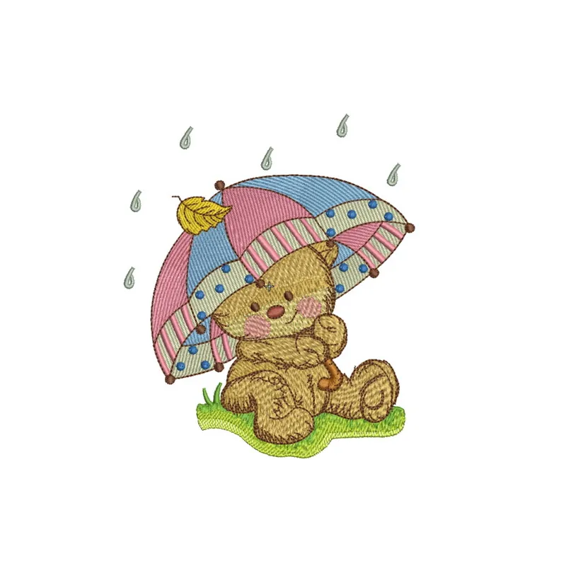 Teddy's rainy day embroidery design featuring a cute teddy bear with an umbrella, ideal for stitching on baby onesies.