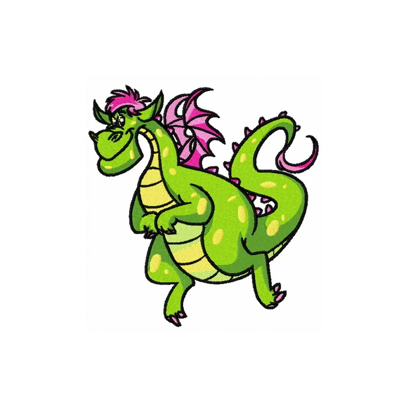 Elliott the Dragon embroidery design showcasing a colorful dragon motif, ideal for embellishing t-shirts and tote bags.