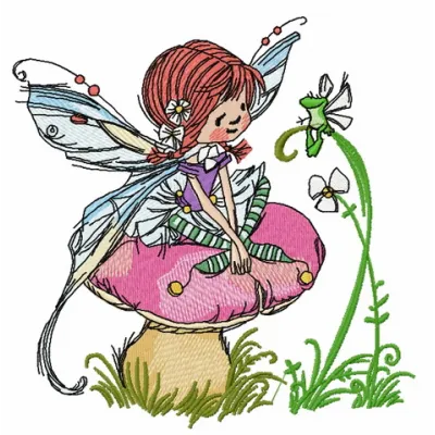 Mushroom fairy embroidery design featuring a whimsical fairy surrounded by mushrooms, perfect for enchanting creations.
