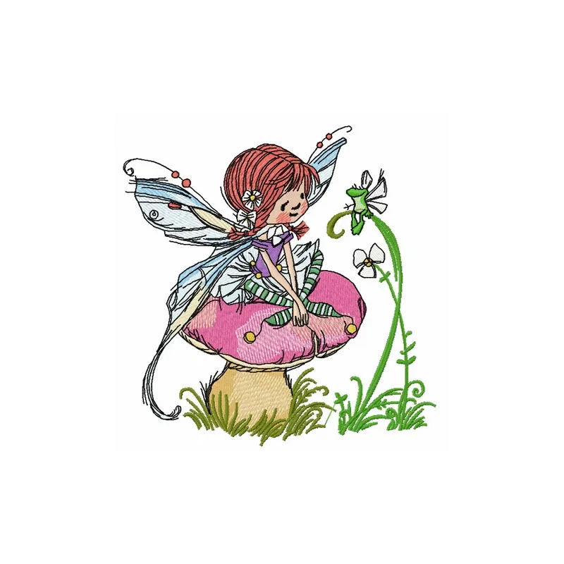 Mushroom fairy embroidery design featuring a whimsical fairy surrounded by mushrooms, perfect for enchanting creations.