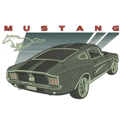 Mustang car embroidery design showcasing intricate stitching patterns for automotive enthusiasts.