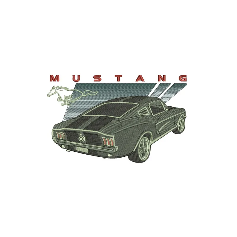 Mustang car embroidery design showcasing intricate stitching patterns for automotive enthusiasts.