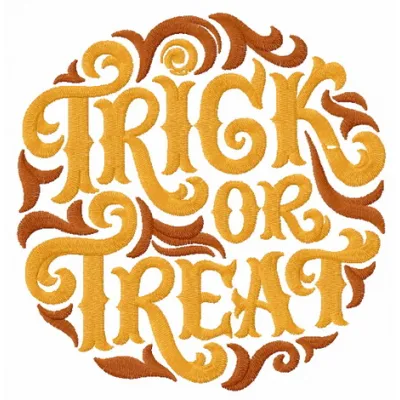 Trick or treat embroidery design featuring festive Halloween motifs, perfect for t-shirts and tote bags.