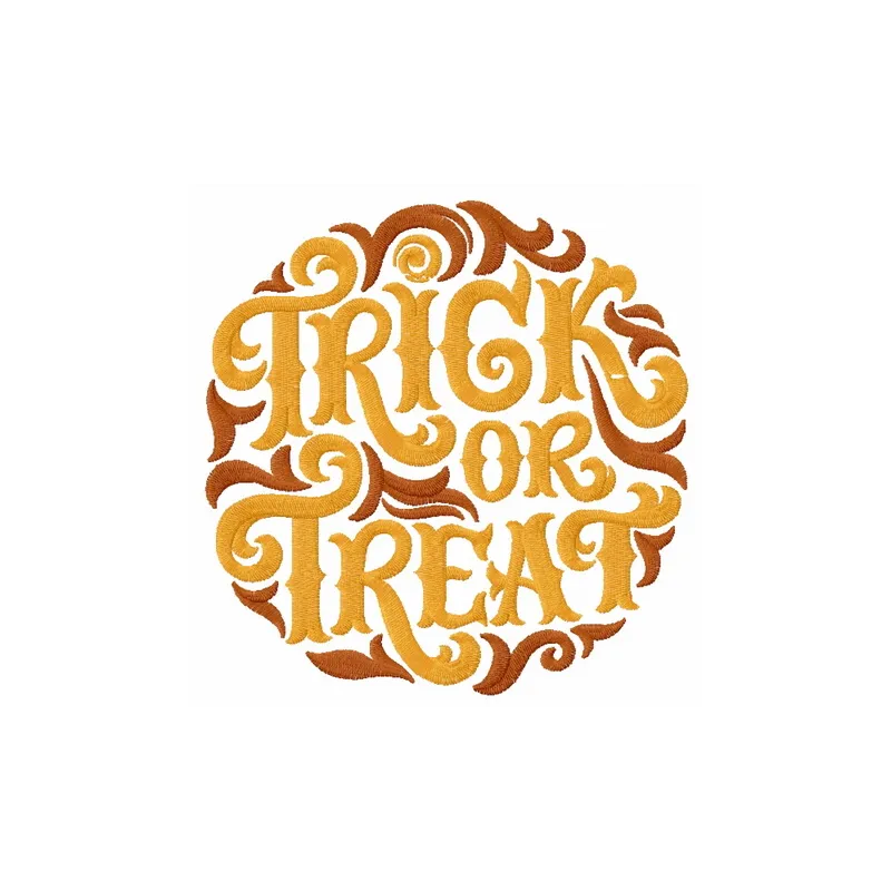 Trick or treat embroidery design featuring festive Halloween motifs, perfect for t-shirts and tote bags.