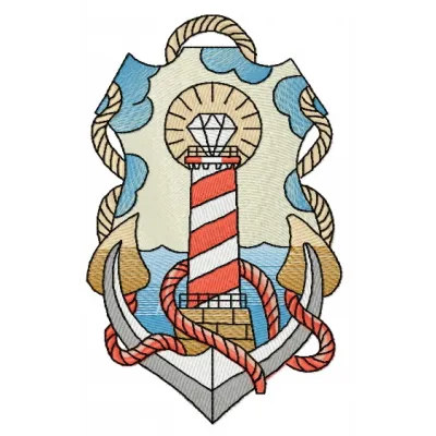 Striped lighthouse embroidery design showcasing a nautical theme, perfect for stitching on apparel or home decor.