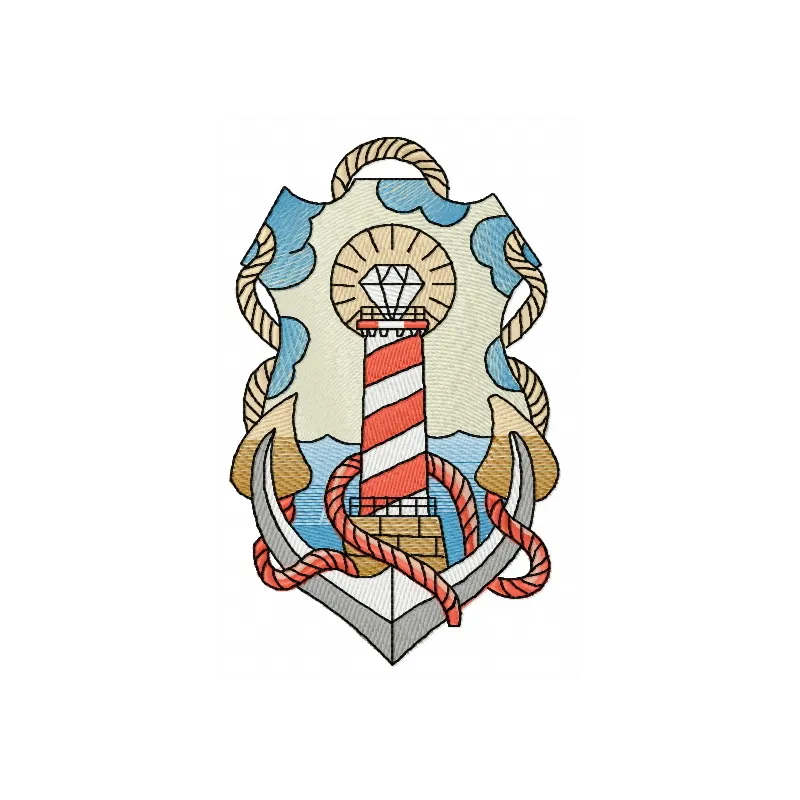 Striped lighthouse embroidery design showcasing a nautical theme, perfect for stitching on apparel or home decor.