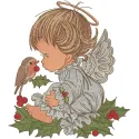 Christmas angel holding a bird embroidery design, featuring intricate details suitable for festive projects.