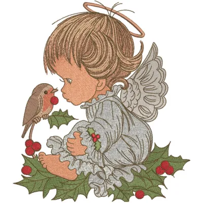 Christmas angel holding a bird embroidery design, featuring intricate details suitable for festive projects.