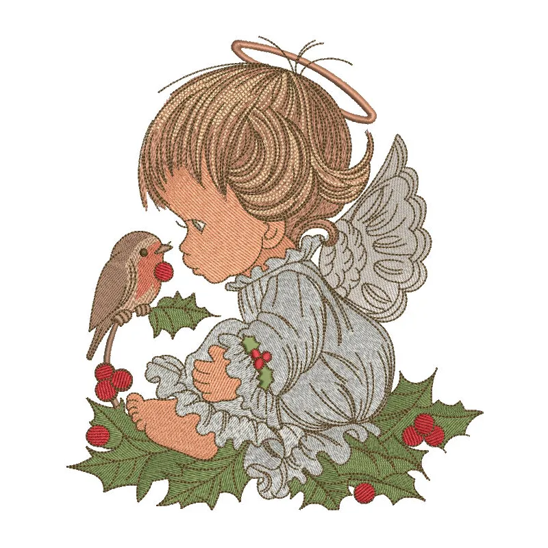Christmas angel holding a bird embroidery design, featuring intricate details suitable for festive projects.