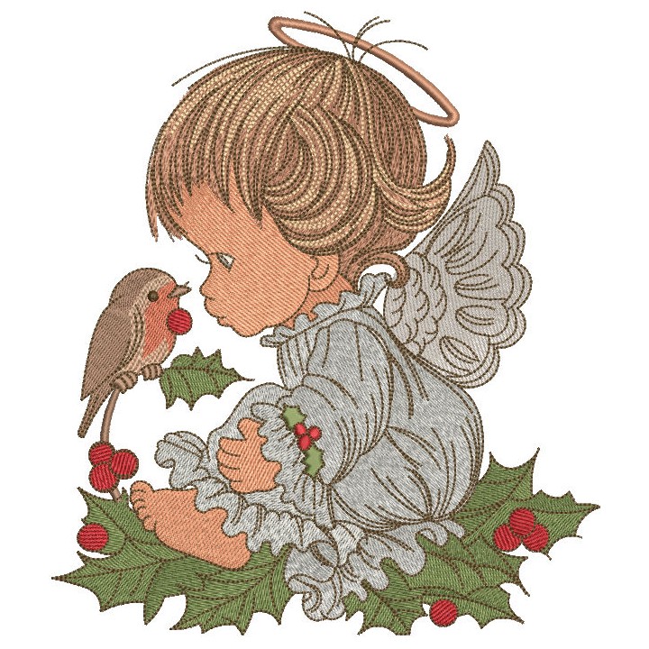 Christmas angel with bird embroidery design - Embroidery Design