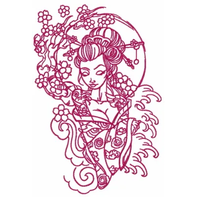 Shy geisha 4 embroidery design featuring intricate details, ideal for embellishing fabrics like t-shirts or tote bags.