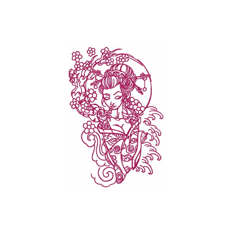 Shy geisha 4 embroidery design featuring intricate details, ideal for embellishing fabrics like t-shirts or tote bags.