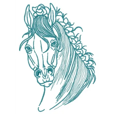 Embroidery design preview of a horse with a knitted mane, showcasing intricate stitching patterns.