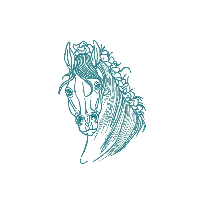 Embroidery design preview of a horse with a knitted mane, showcasing intricate stitching patterns.
