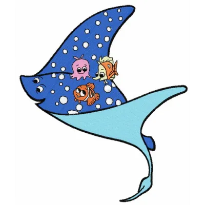 Embroidery design featuring Mr. Ray and his pupils from Finding Nemo, perfect for children's apparel and accessories.