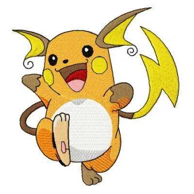 Raichu embroidery design featuring the beloved Pokemon character, ideal for stitching on apparel and accessories.