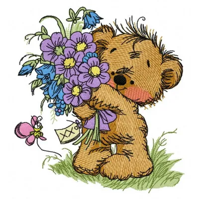 Bouquet for you 2 embroidery design featuring a charming teddy bear holding a bouquet, perfect for various fabric projects.
