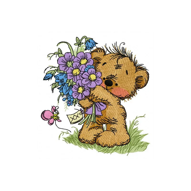Bouquet for you 2 embroidery design featuring a charming teddy bear holding a bouquet, perfect for various fabric projects.