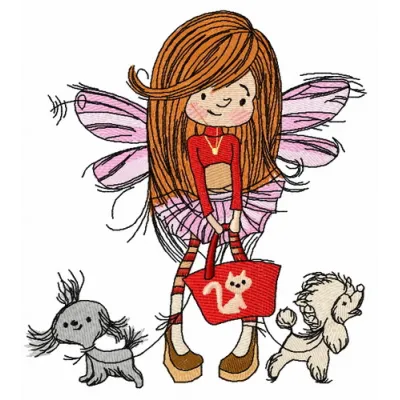 Preview of a whimsical shopping fairy embroidery design, perfect for adding charm to tote bags and t-shirts.
