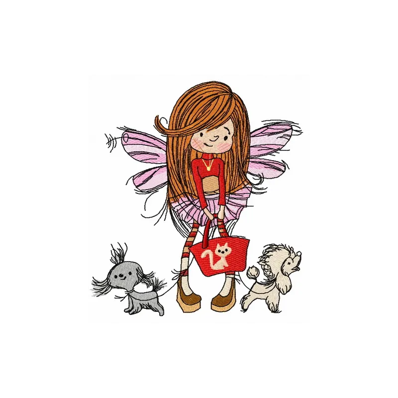Preview of a whimsical shopping fairy embroidery design, perfect for adding charm to tote bags and t-shirts.