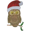 Christmas owl embroidery design featuring a festive owl adorned with holiday elements, perfect for seasonal projects.