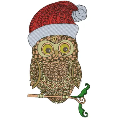Christmas owl embroidery design featuring a festive owl adorned with holiday elements, perfect for seasonal projects.