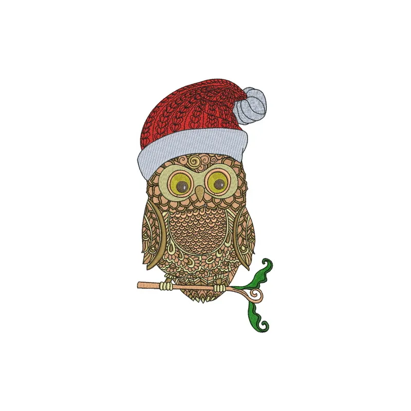 Christmas owl embroidery design featuring a festive owl adorned with holiday elements, perfect for seasonal projects.