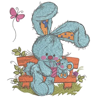Embroidery design featuring two bunnies sitting on a bench, perfect for adding charm to t-shirts or pillows.